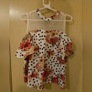 Floral Polka Dot Cold Shoulder Mesh Top (L)